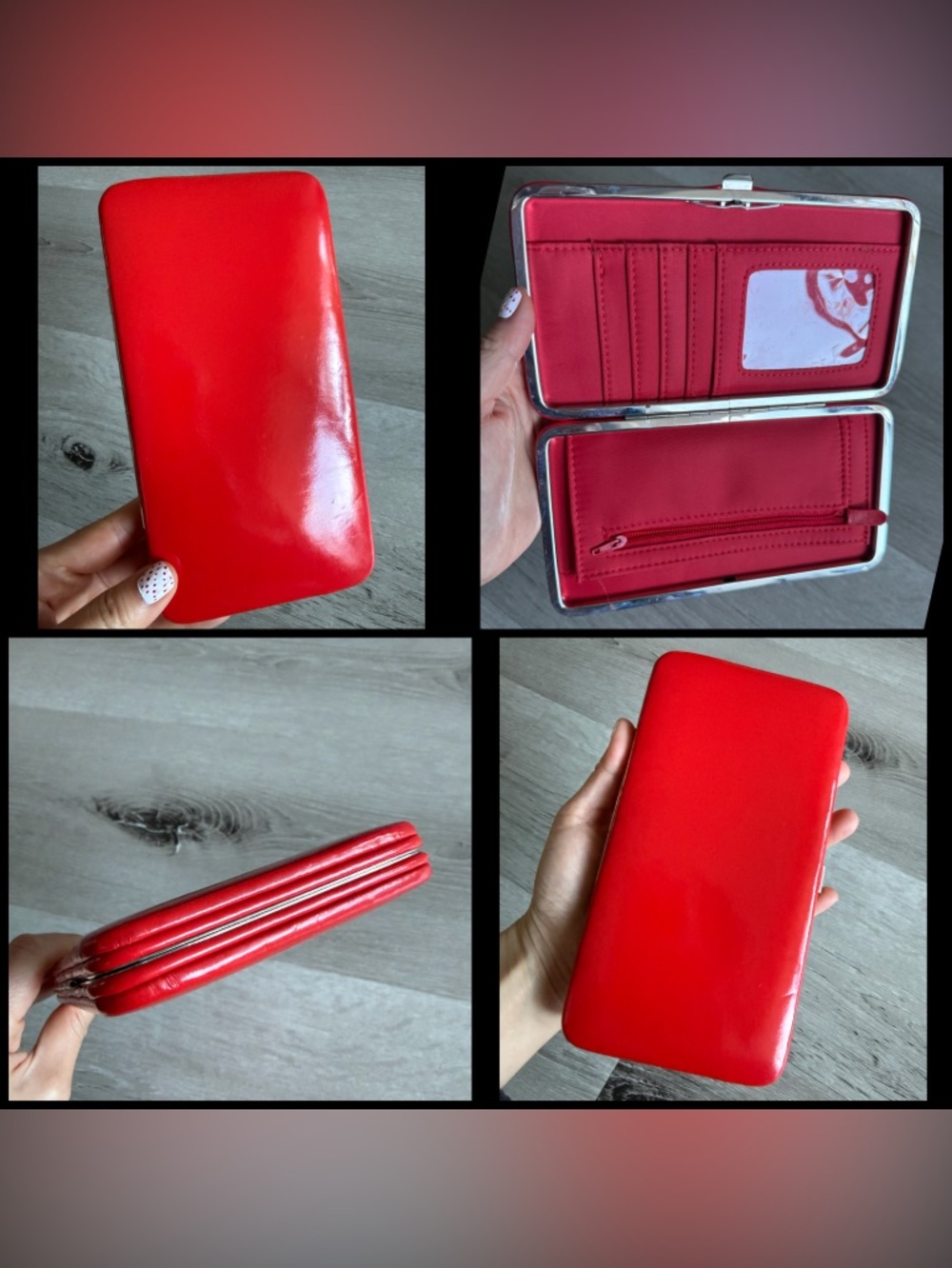 Hinged Hard-case Clutch Wallet, Red Patent